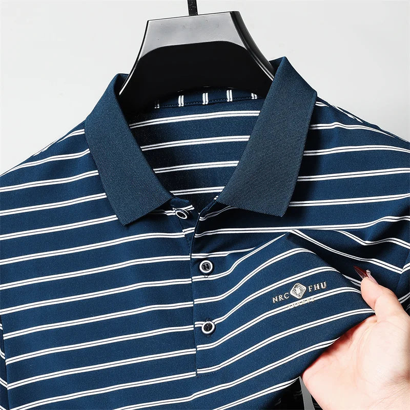 Luxury exquisite letter embosse short sleeve polo shirt new trend brand striped men's T-shirt premium silk cotton comfort top