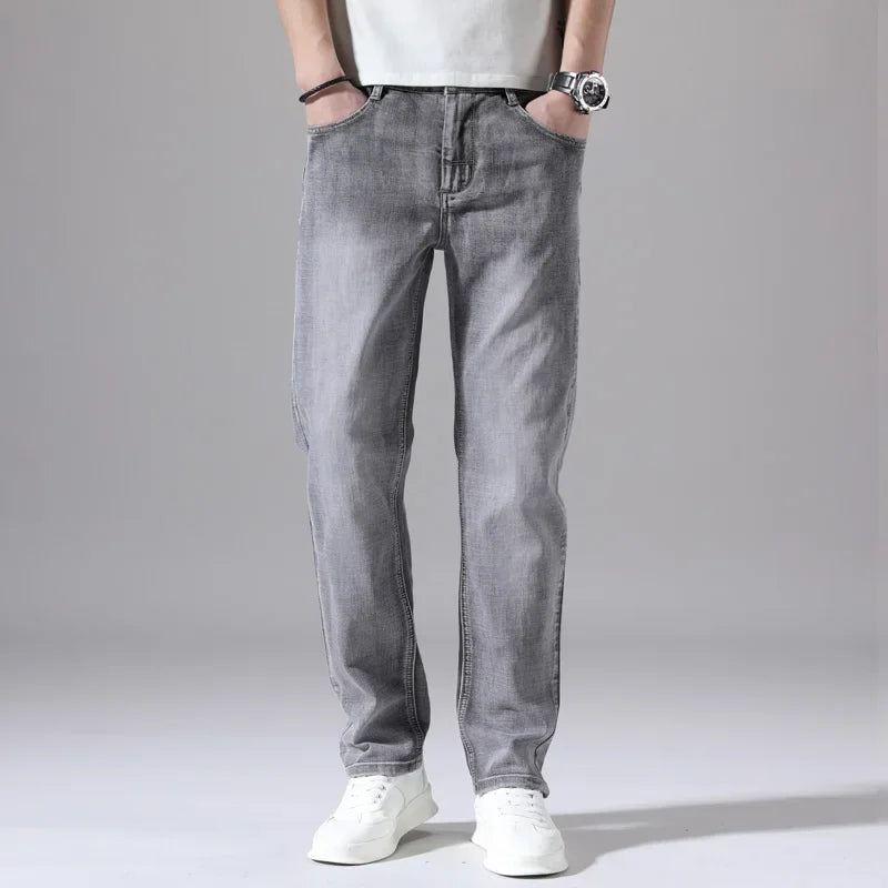 Cotton Stretch Jeans Business Casual Men's Thin Denim Jeans Grey Spring Summer Brand New Fit Straight Lightweight ATFH