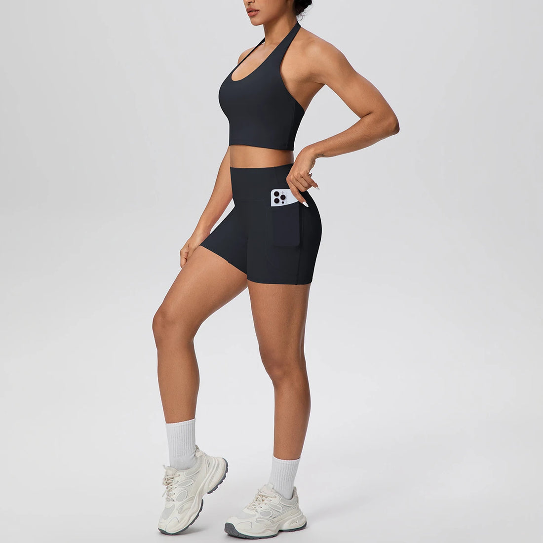 2PCS Women Yoga Set Solid Color Beautiful Back Hanging Neck Bra with Chest Pad Quick-Dry Fitness Shorts With Pockets Yoga Set - ATFH
