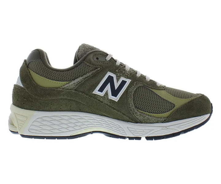 New Balance 2002R men's casual sneakers, olive green suede and mesh upper with white midsole