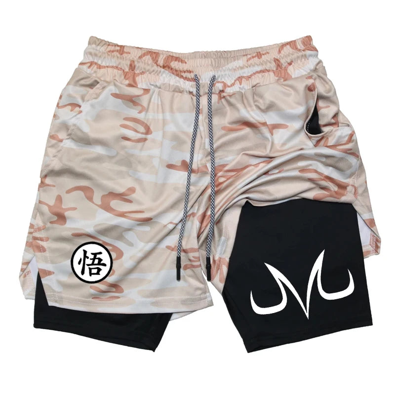 Fashionable men's printed fitness shorts, casual gym exercise, sports, quick drying knitting, double-layer, 2-in-1, summer, bran