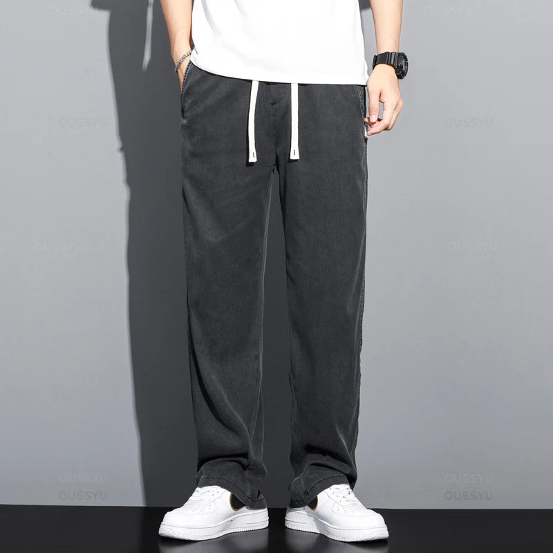 Summer Soft Lyocell Fabric Men's Jeans Thin Loose Straight Pants Drawstring Elastic Waist Korea Casual Trousers Plus Size M-5XL ATFH
