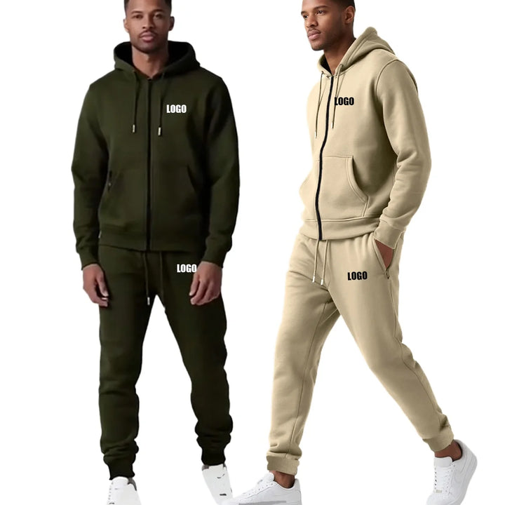 Custom LOGO autumn and winter men's long-sleeved trousers hooded sports and leisure fleece warm and comfortable two-piece set - ATFH