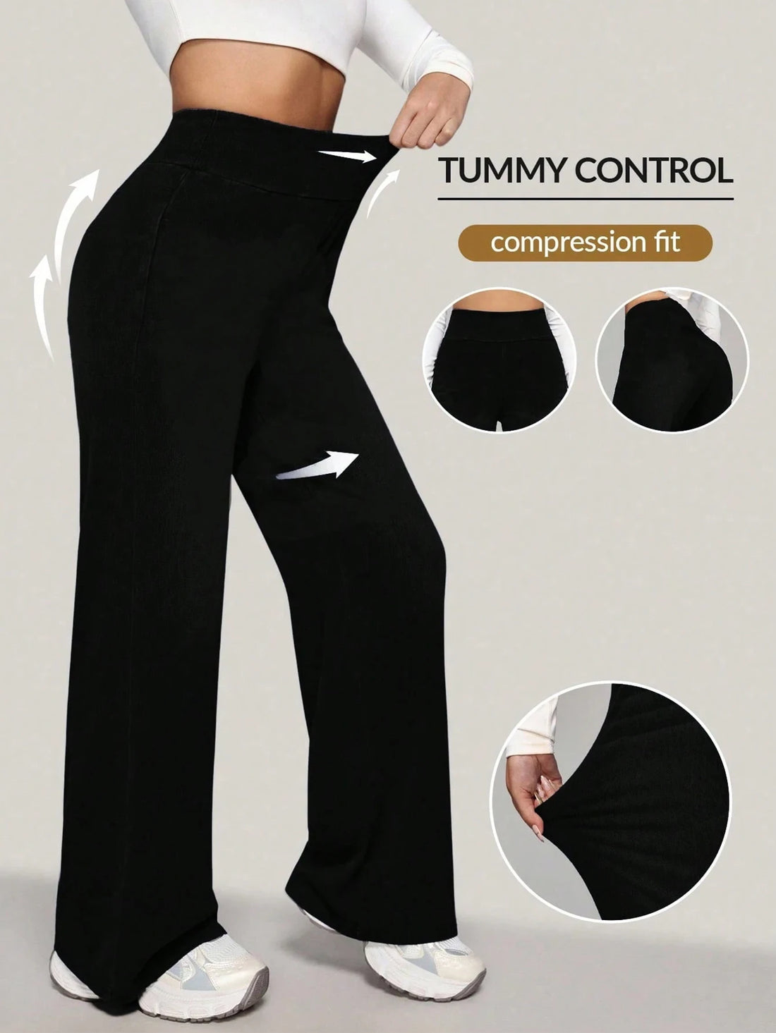 Women's Black High Waist Wide Leg Pants Tummy Control Compression Fit High Stretch Yoga Casual Daily Workout Trousers
