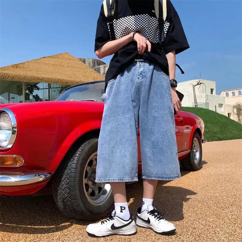 jeans Pants men Summer Short Jeans Big-pockets Breeches Hip Hop Streetwear Baggy Denim Shorts Casual Wide-leg Capris Pants ATFH