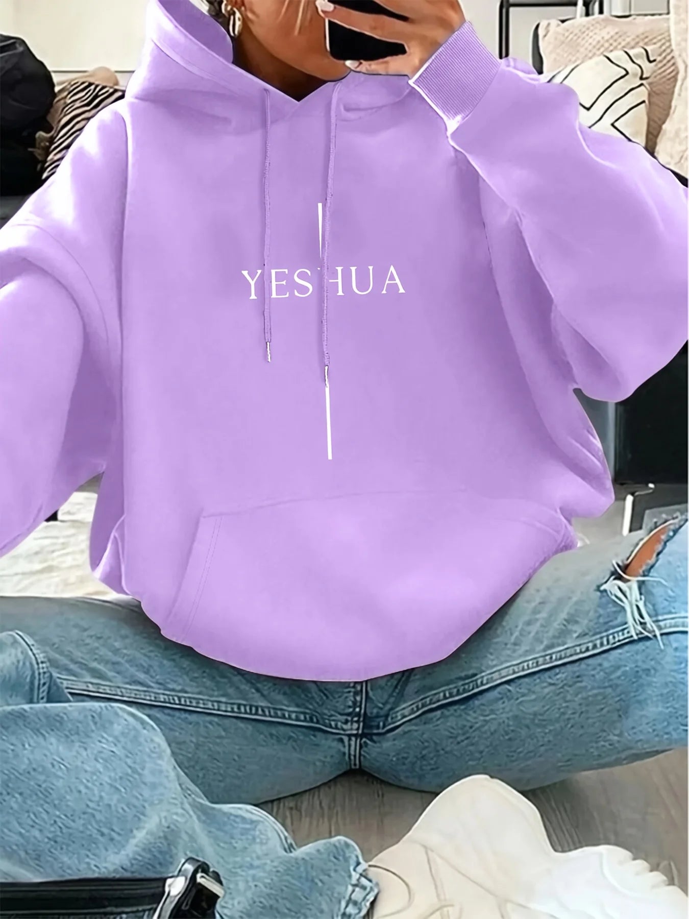 Women YESHUA Letter Print Hoodie Loose Casual Long Sleeve Hooded Sweatshirt Ladies Fashion Pullover Streetwear Tops