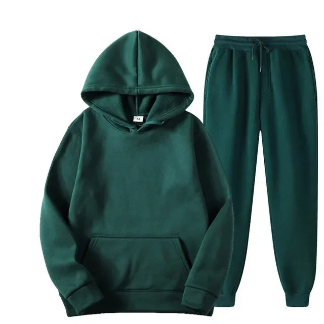 Autumn/Winter New Men's Solid Color Hoodie+Sports Pants Two Piece Outdoor Casual Fashion Loose Large Sports Set - ATFH