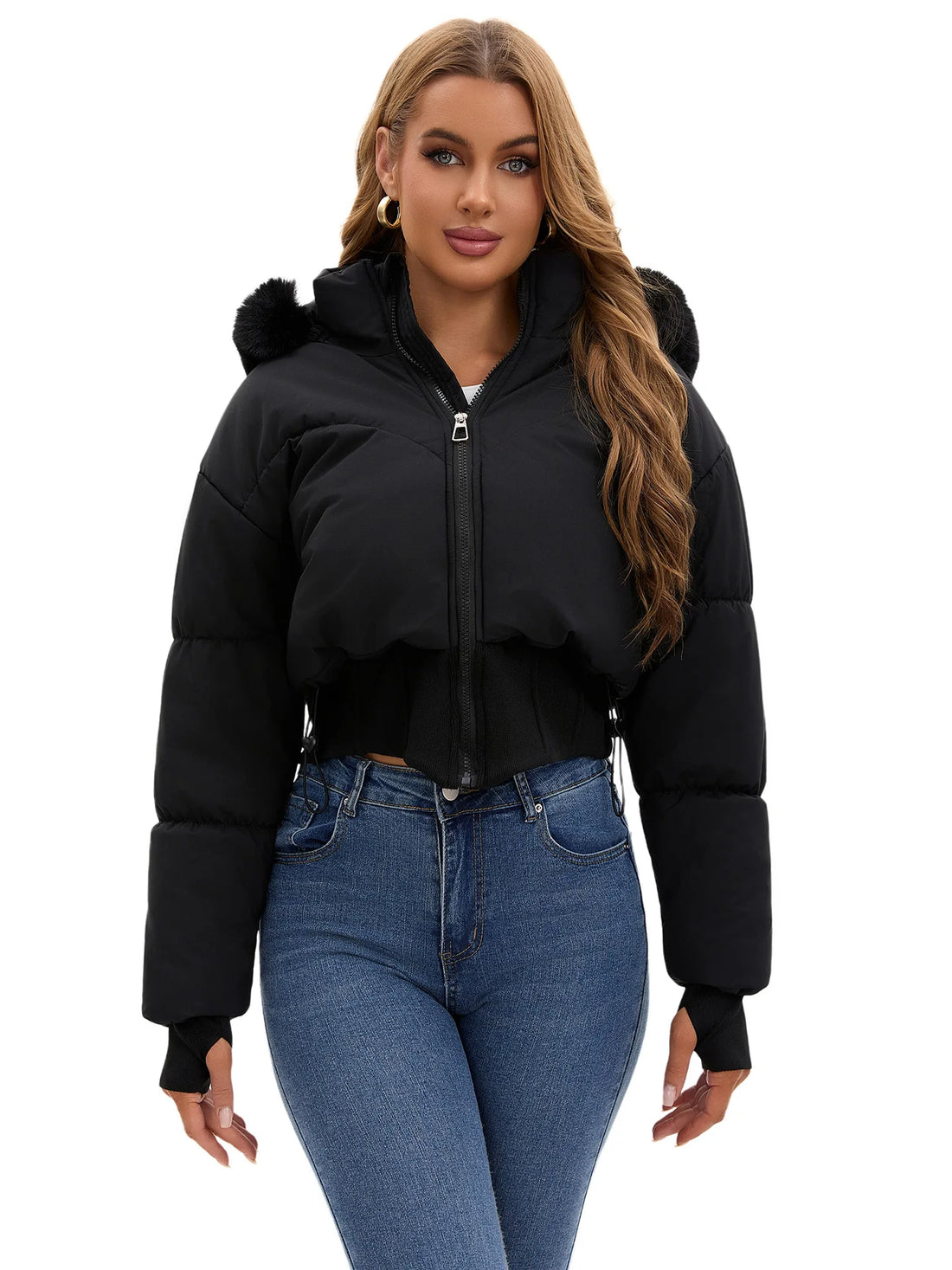 Women's Thickened Warm Cotton-Padded Jacket with Large Fur Collar And Hood Waist-Cinching Style