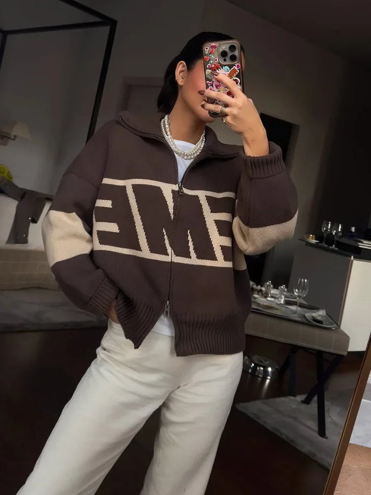 2026 Letter Printed Sweater Zipper Coats Women Elegant Stand Collar Lantern Long Sleeve Loose Fitting Cardigan Chic - ATFH