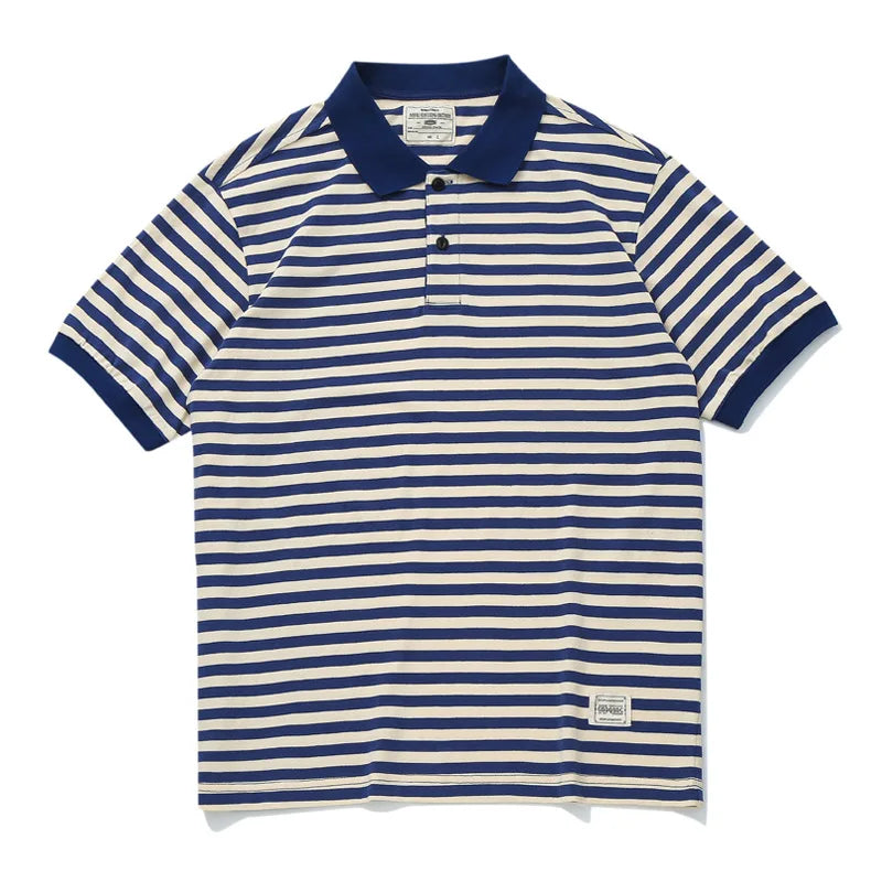 Summer Lapel T-shirt Amekaji Retro Breton Stripe Shirt Pure Cotton Short Sleeve Striped Men's Polo Shirt American Vintage Casual
