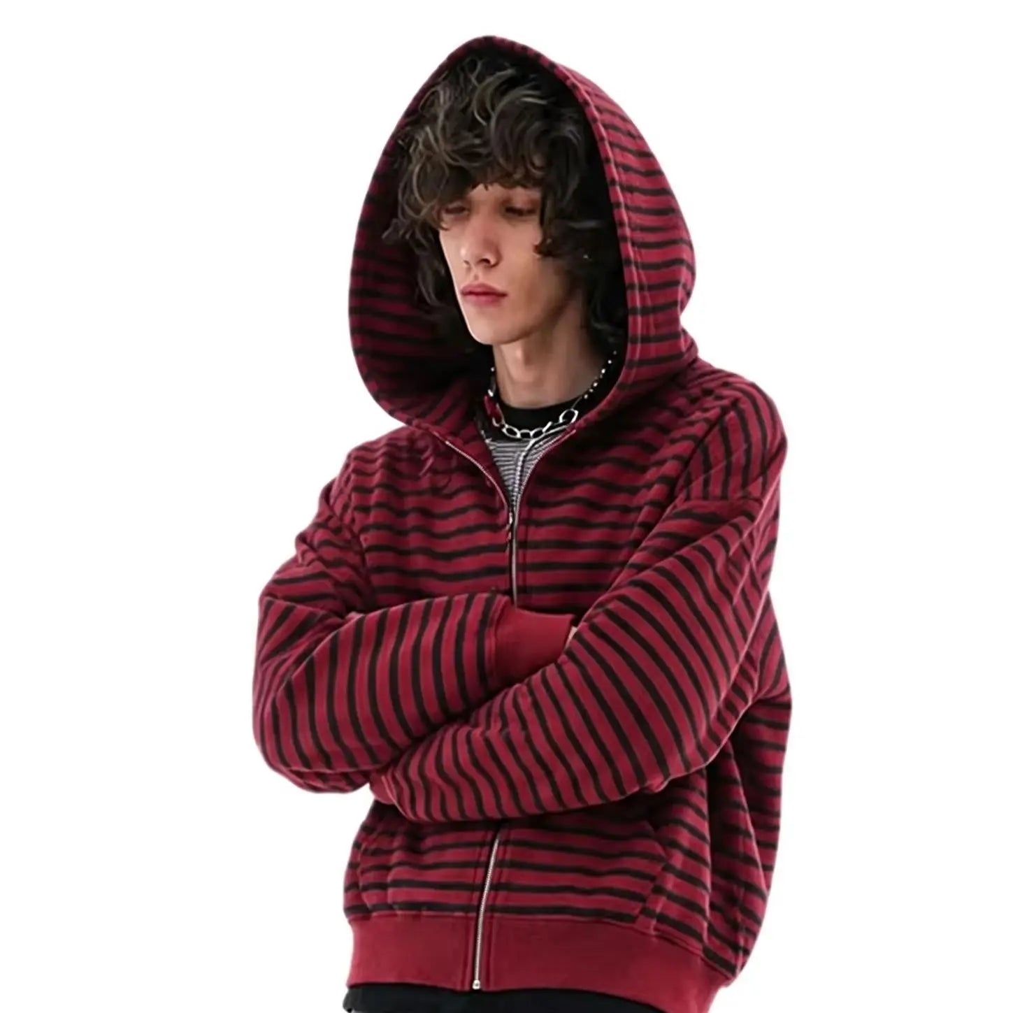 Unisex Striped Cropped Zip Up Hoodie Vintage Loose Horizontal Stripe Full Zip Hooded Jackets Autumn Casual Daily Streetwear Tops