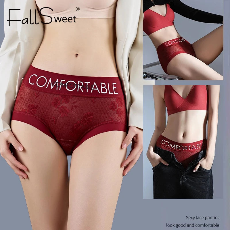 FallSweet 5PCS Ultra-Thin Lace Panties for Women Floral Mid-Rise Transparent Briefs Seamless Underpants Lingerie Calzones Mujer