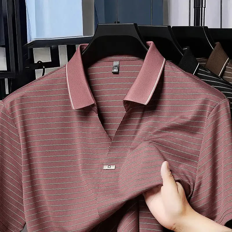 Ice Silk Short-sleeved Striped Men's T-shirt Summer New Lapel POLO Shirt Casual Fashion Top