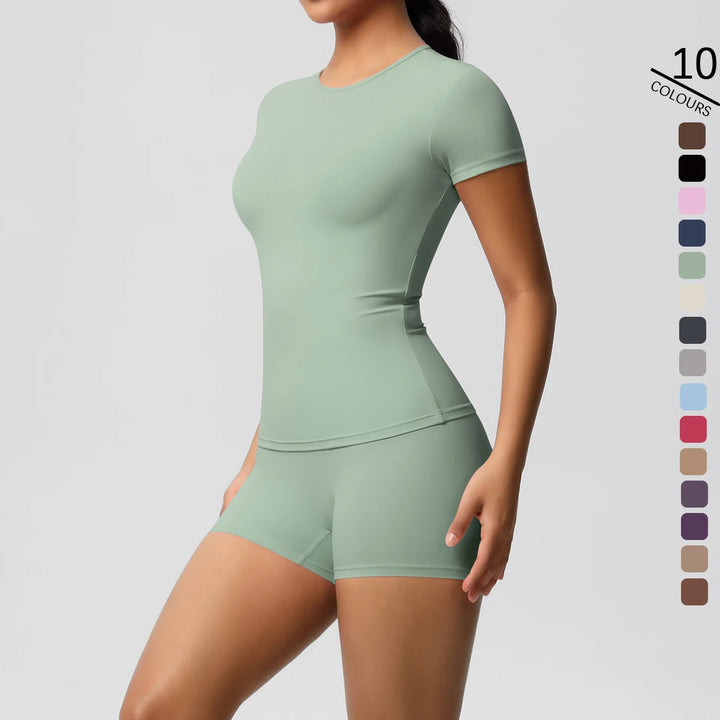 2PC Quick-Drying Gym Leggings Set Summer Short Sleeve Breathable Stretchy GYM Yoga Slim Fitness Active Top Women's cycling short - ATFH