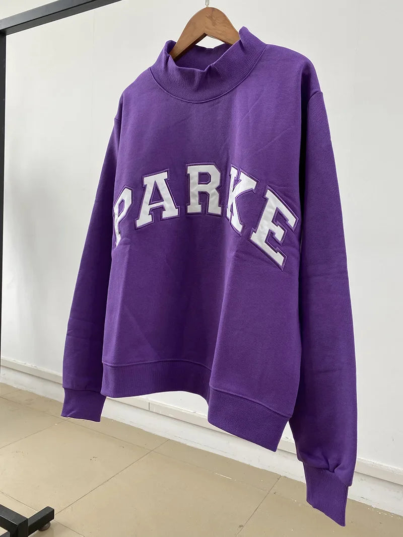 Purple Women Stand Collar Long Sleeve Cotton Sports Pullover Tops Letter Embroidery Sweatshirt - ATFH
