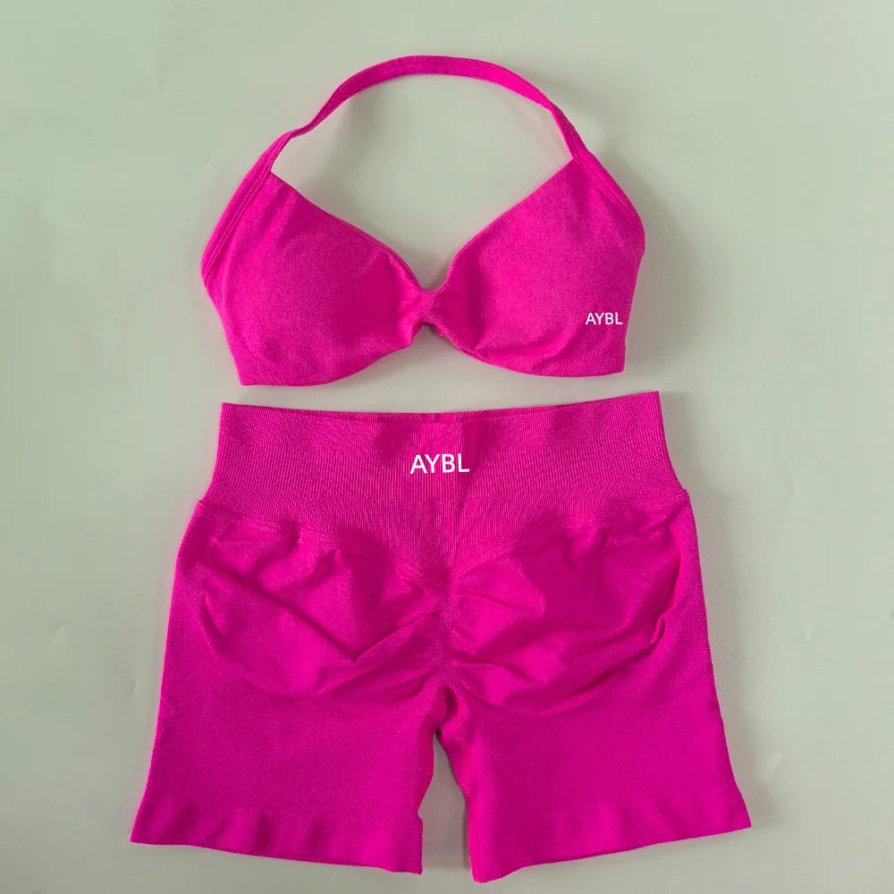 Trendy 2PCS Gym Set Women Strappy Yoga Bra Top High Waist Workout Scrunch Shorts Sports Suit Seamless Yoga Set Fitness Clothes Tahsi Fashion House