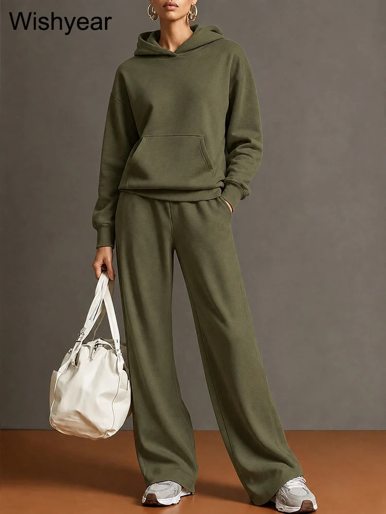 Gray Women’s Cozy Hoodie Set Long Sleeve Hooded Top Wide Leg Pants Casual Sporty Street Travel Fall Winter Two Piece Outfit