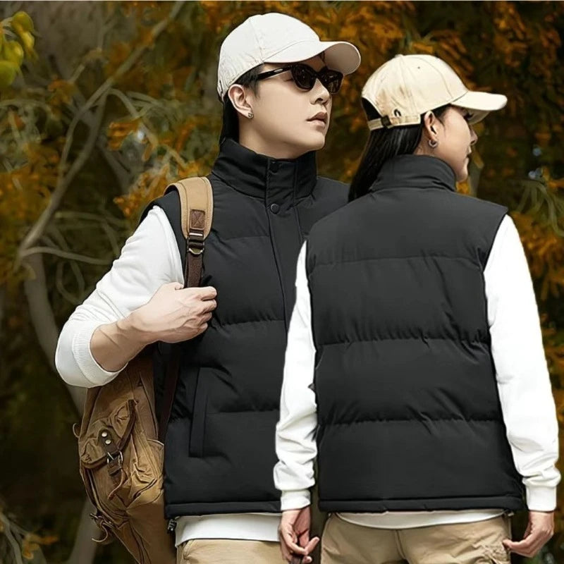 2025 Winter Thickened Cotton Vest for Men Loose Fitting Sleeveless Standing Collar Waistcoat Warm Trendy Outdoor Casual Jacket