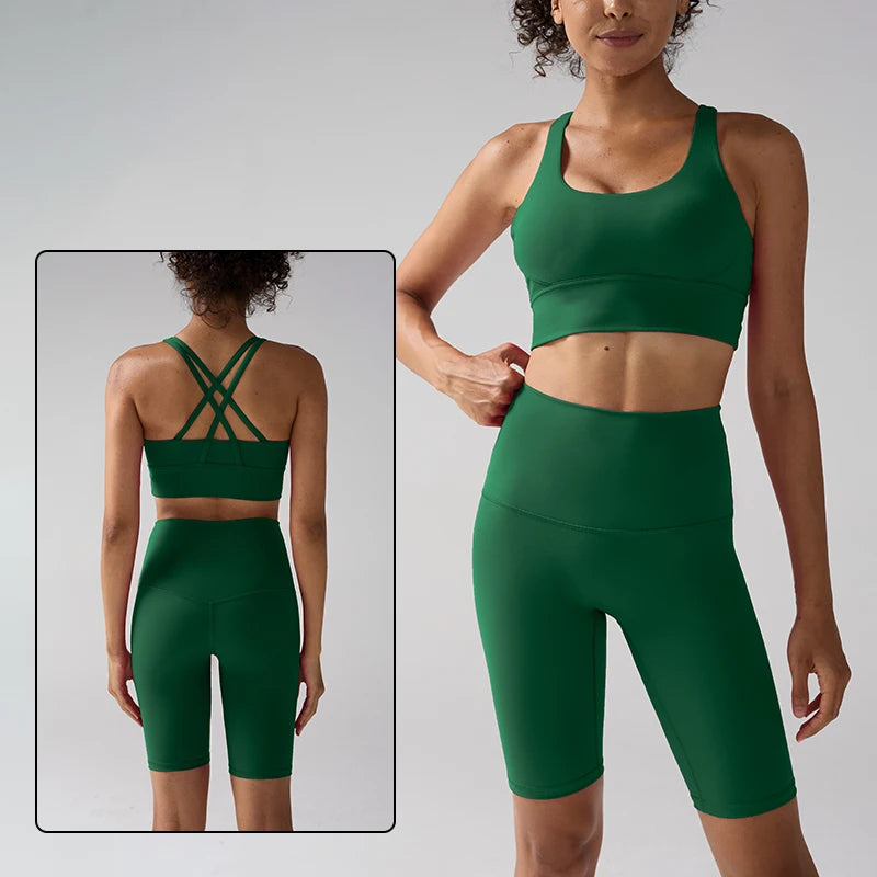 Women's 2 Piece Yoga Gym Sports Clothes Set Cross Back Bra Top with High Waist Shorts Fitness Running Workout Tracksuit - ATFH