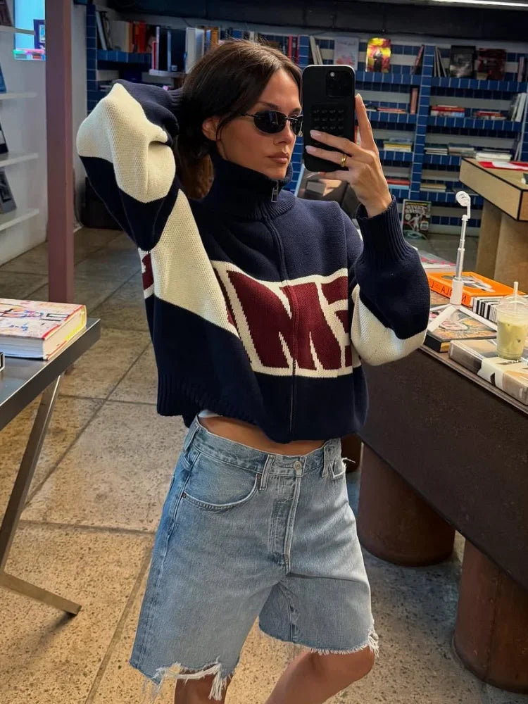 2026 Letter Printed Sweater Zipper Coats Women Elegant Stand Collar Lantern Long Sleeve Loose Fitting Cardigan Chic - ATFH