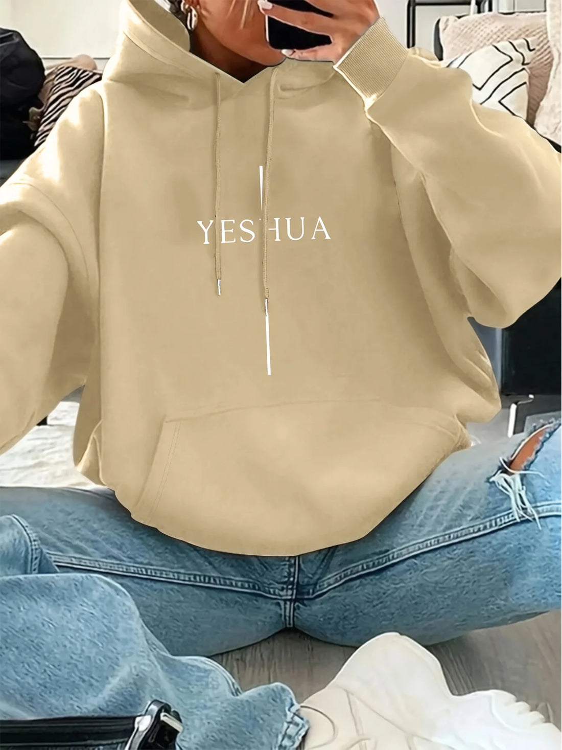 Women YESHUA Letter Print Hoodie Loose Casual Long Sleeve Hooded Sweatshirt Ladies Fashion Pullover Streetwear Tops