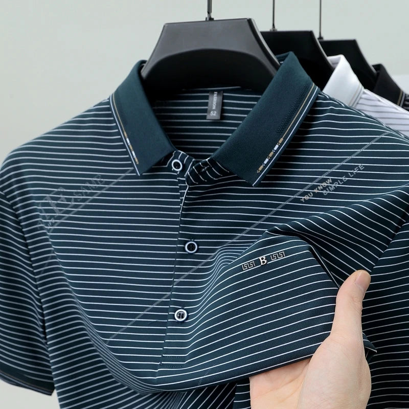Light luxury stripe short sleeve men polo shirt summer trend brand letter embossed high-quality silky cotton breathable T-shirt