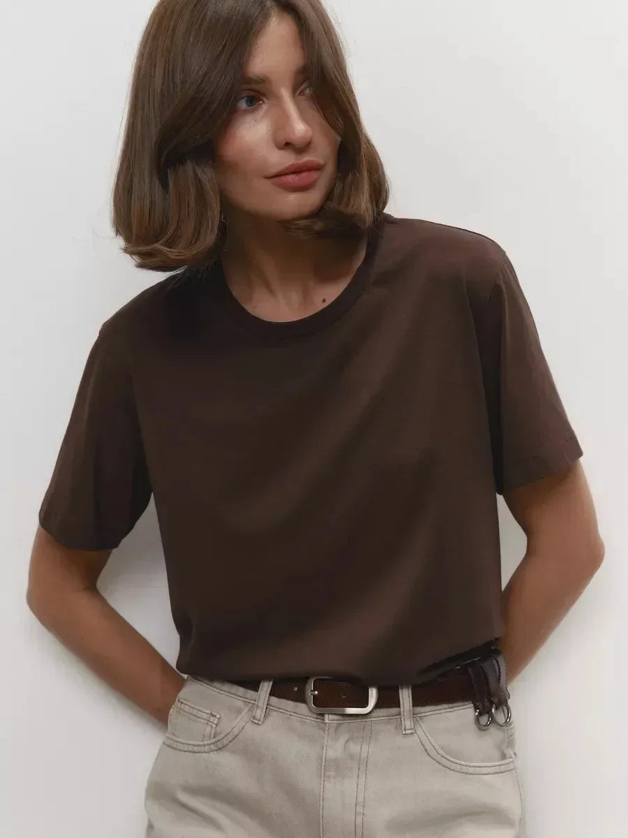 Sumuyoo Summer 100% Cotton Women's T-shirt Bottoming Basic Fashionable Lady Short Sleeve Loose Tops Shirts Solid 230g/㎡ Tops - ATFH