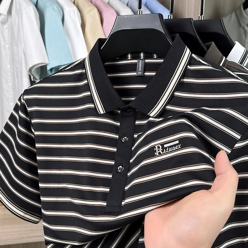 Trend brand letter embossed short sleeve polo shirt men high-quality striped Korean style summer new casual breathable T-shirt
