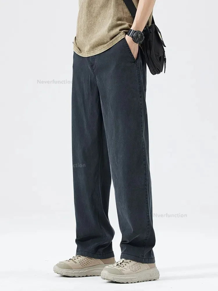 Ultra Thin Baggy Jeans Men's Summer New in Lyocell Soft Breathable Straight Trousers Elastic Waist Casual Blue Gray Wide Pants ATFH
