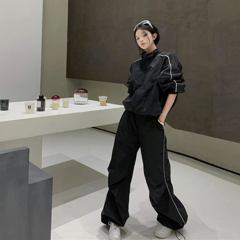 Black Tracksuit Sets Women Spring Autumn Casual Loose Black Sports Suit Female Zipper Jacket + Wide Leg Pants Two-piece Outfits