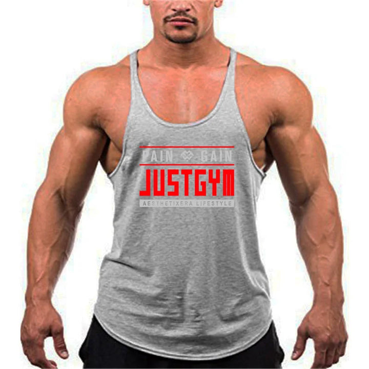 Men's gray cotton stringer tank top with red JustGym logo, sleeveless gym vest.