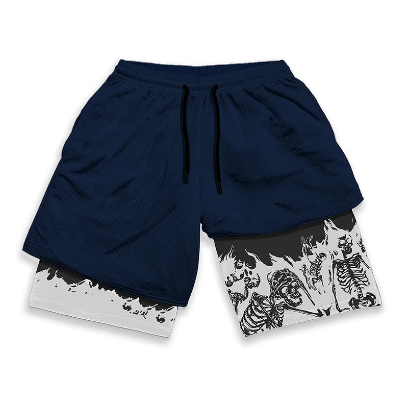 Y2K Gothic Punk Skull Print 2 in 1 Shorts for Men Gym Athletic Performance Shorts with Pockets Summer Workout Fitness Running