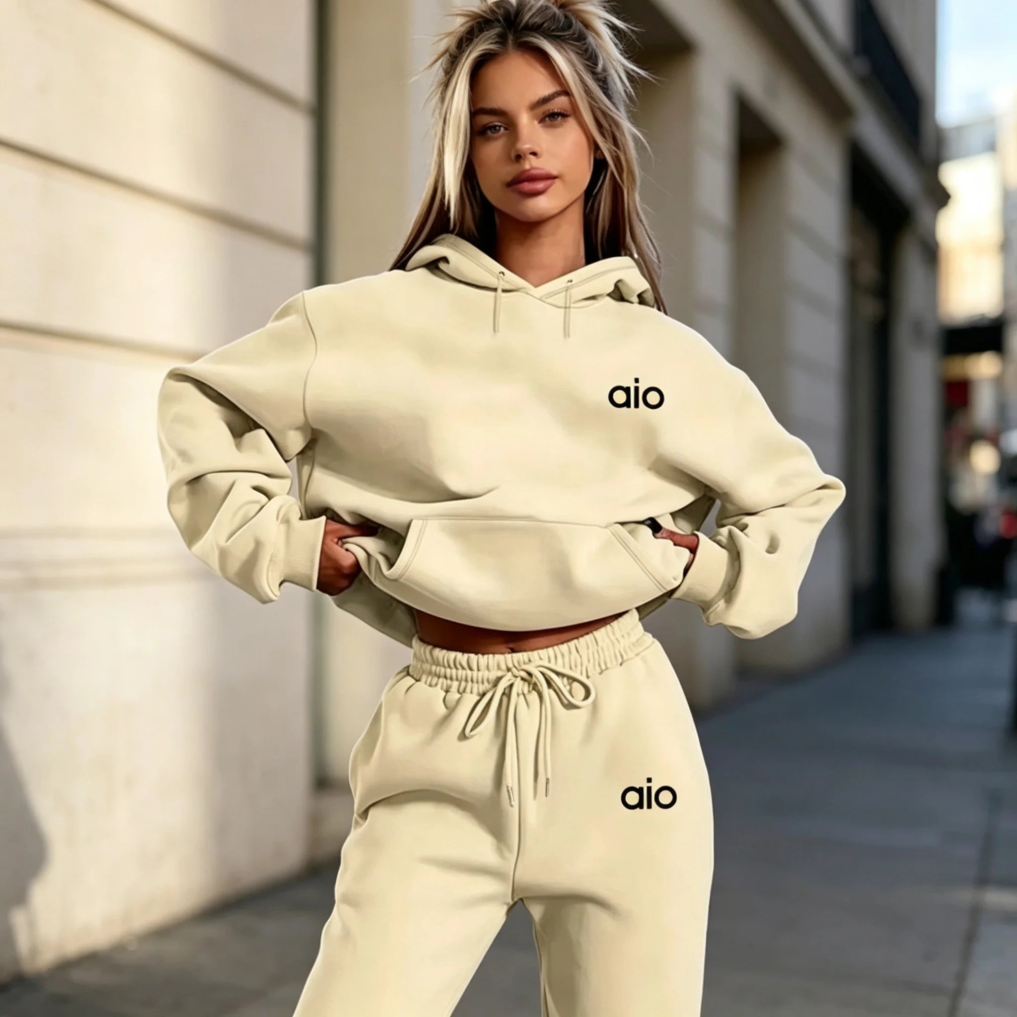 ai Printing High Quality Women Monochrome Hooded Hoodie Set Casual Two-Piece Set New Fashion Hot sweatpants tracksuit 2026