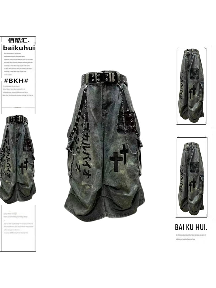 Summer Women Goblin Core Cross Denim Jorts Shorts Y2k Calf-Length Jean Pants Trashy Y2K Abi Japanese Cyber Punk Grunge Unisex ATFH