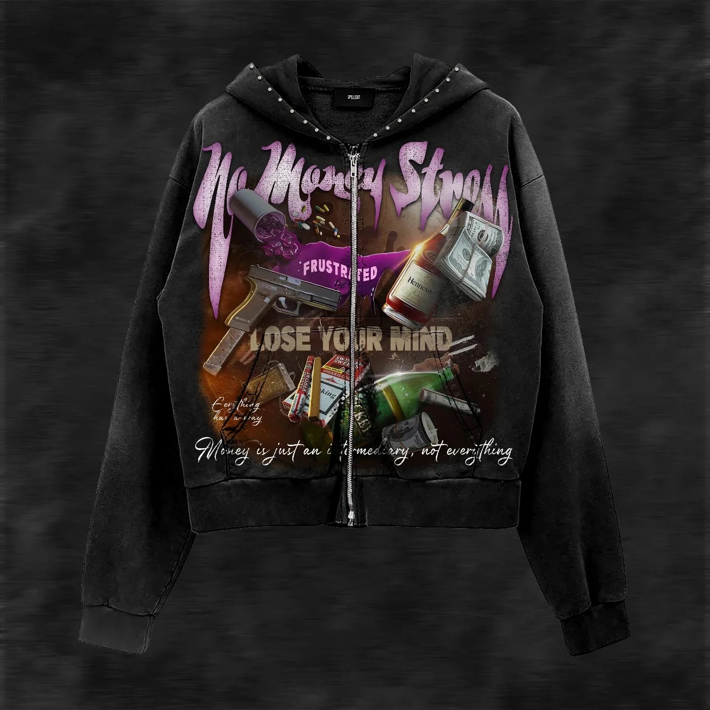 Y2K Style Hoodie with Pearl Details, Gothic Letter Print Zip-Up Hooded Sweatshirt - ATFH