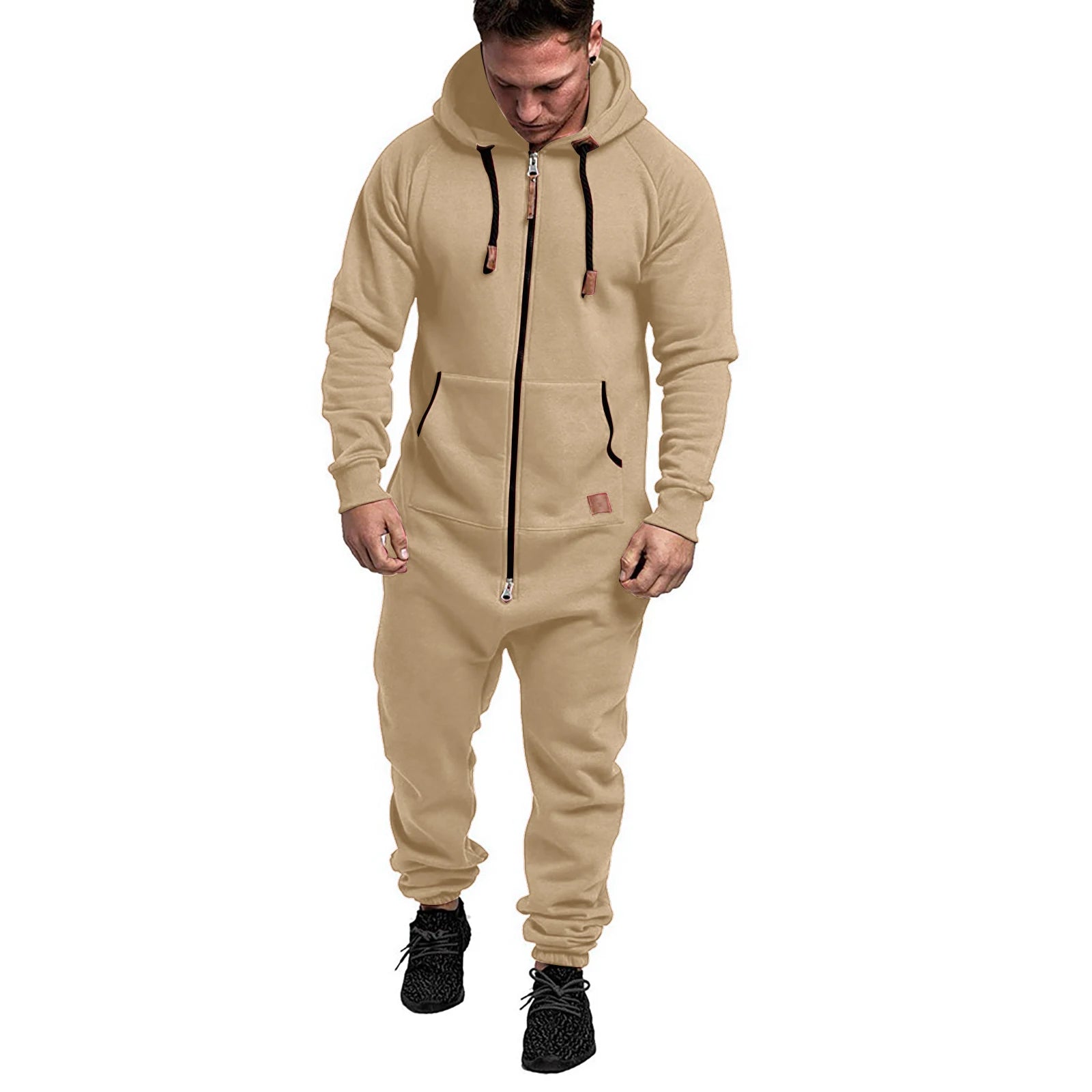 New Custom Design Jumpsuit Pajamas Long-sleeved sports pants solid color splicing casual sweater men's zipper hoodie - ATFH