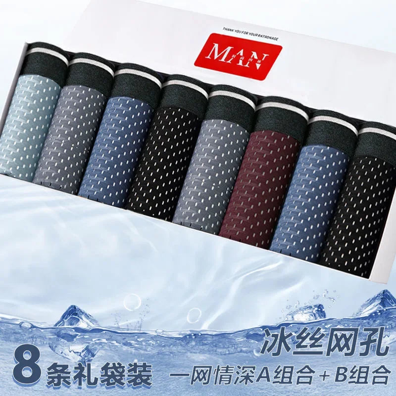 4/8Pcs/Men's Underwear Ice Silk Sexy Boxer Shorts Mid-waist Breathable Men's Underwear Mesh Comfortable Soft Shorts Men Plus 5XL