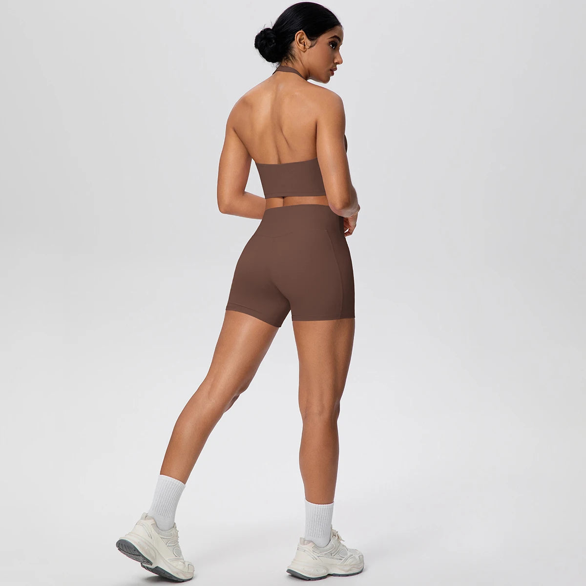 2PCS Women Yoga Set Solid Color Beautiful Back Hanging Neck Bra with Chest Pad Quick-Dry Fitness Shorts With Pockets Yoga Set - ATFH