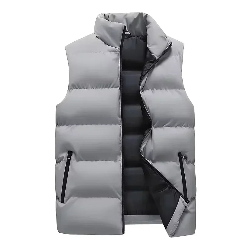 New Vest Men Winter Thick Cotton-Padded Stand Collar Vests Solid Sleeveless Zipper Jacket Male Warm Waistcoat Gilet Veste Hommes