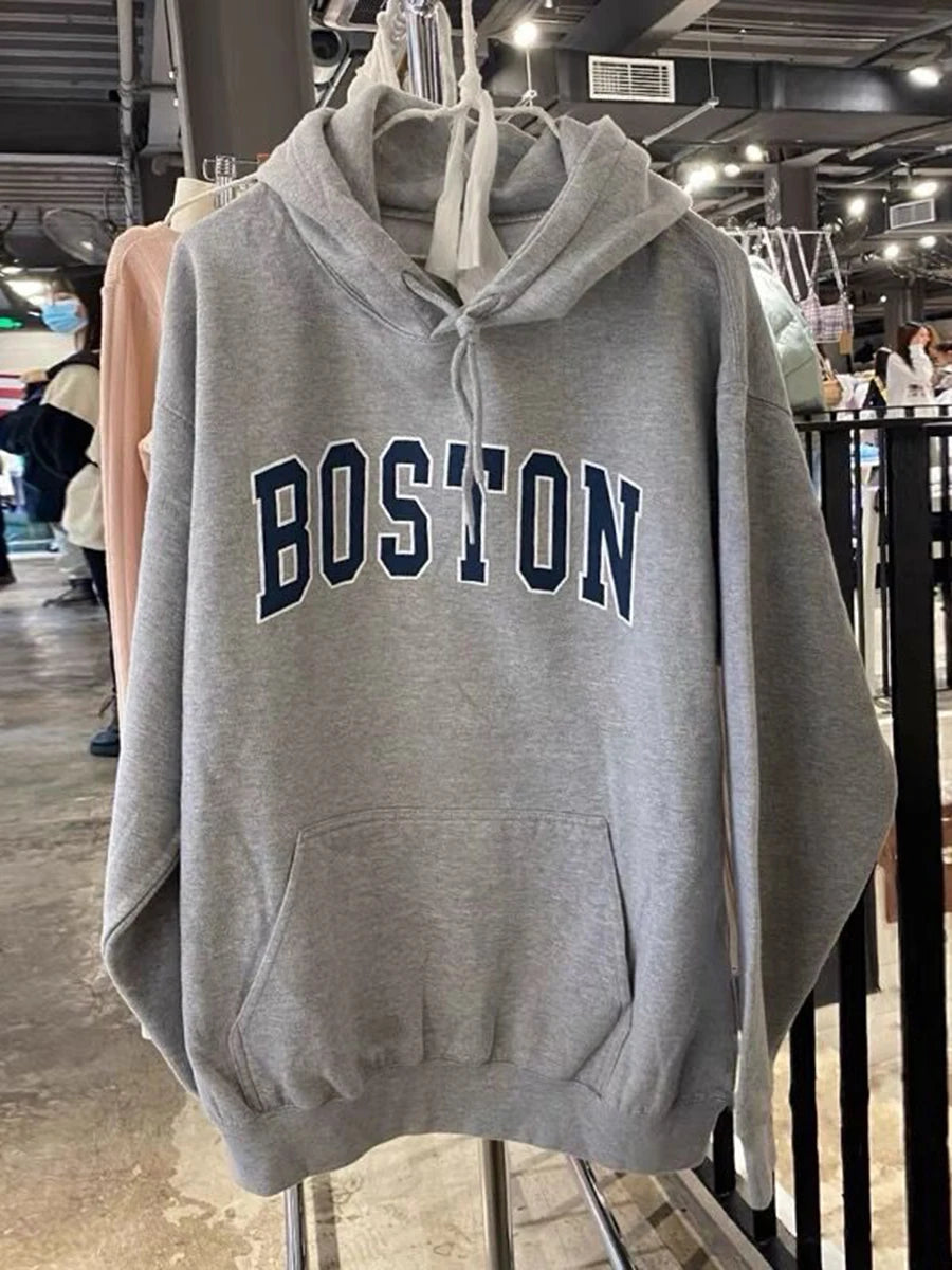 Autumn Letter Print Loose Drawstring Hoodies Women New Casual Pocket Streetwear Cotton Pullover Top Sweet Cute Sweatshirts OOTDS - ATFH