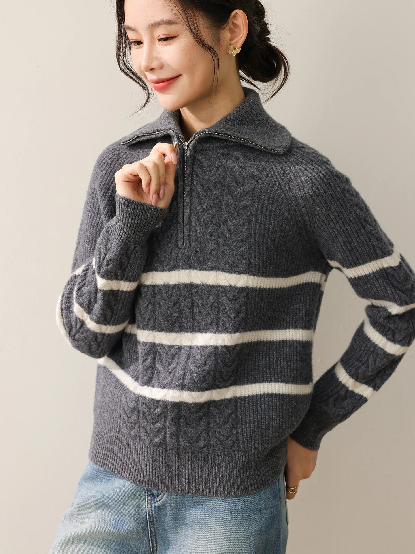 2025 New Women's Heavyweight Zipper High-Neck Sweater 100% Merino Wool Striped Pullover Long Sleeve Loose-Fit Warm Smart - ATFH