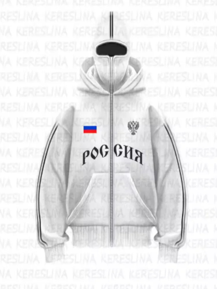 Hip Hop Face Cover Hoodie Unisex Loose Black Zip Up Sweatshirt Eagle Flag Printed Design