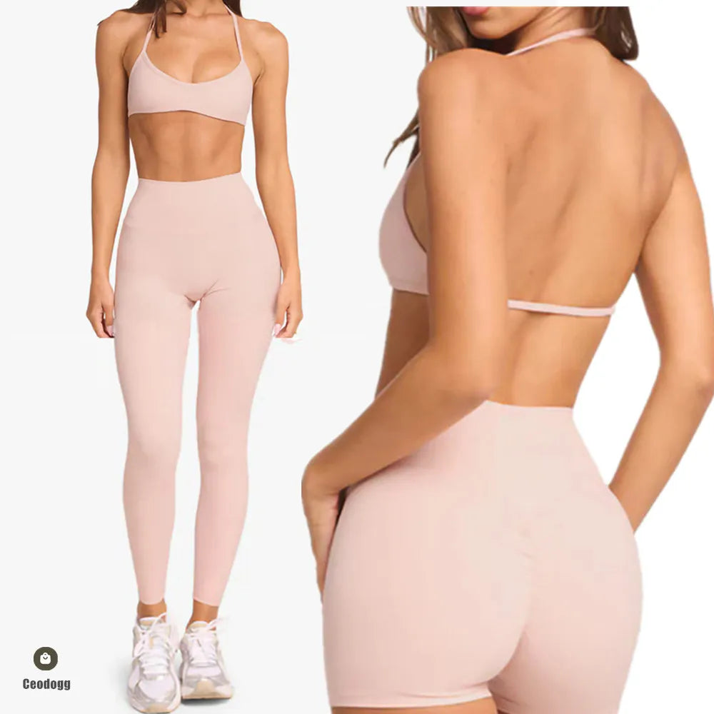 2PCS Pad Halter Bra Women Stretchy Squat Proof Shorts Yoga Set Summer Outdoor Mountain Running Exercise Yoga Set XP37 - ATFH