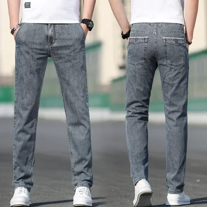 2025 Summer New Men's Loose Gray Jeans Fashion Casual Stretch Straight-leg Denim Pants Male Light Blue Men's Trousers ATFH