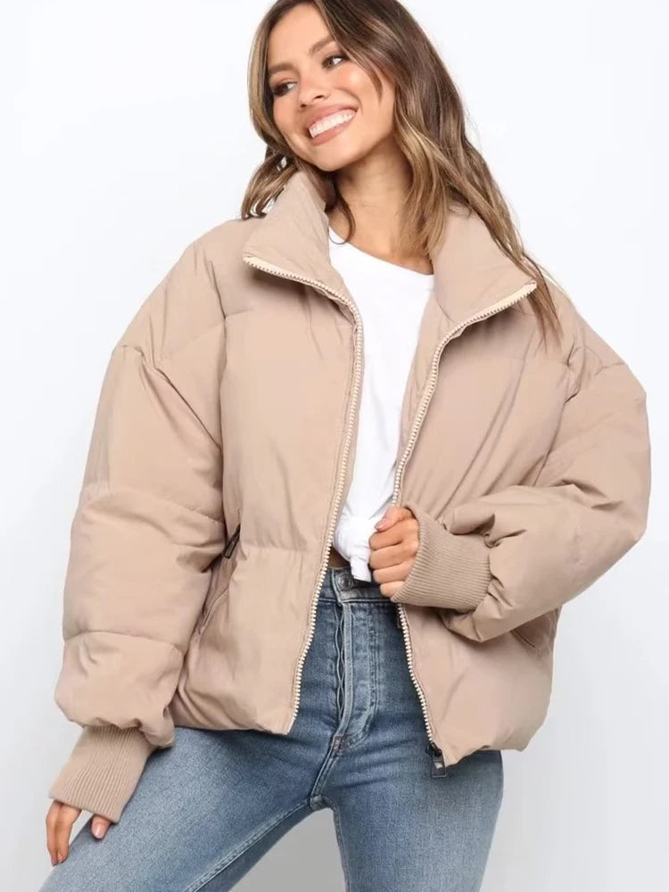 Women's Winter Stand Collar Jacket Baggy Short Padded Down Coats Cropped Puffer Long Sleeve Zipper Coats