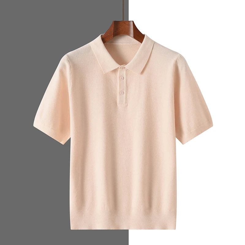 Summer 100% merino wool men's lapel pullover short sleeve POLO neck sweater loose top knitted clothing plus size T-shirt