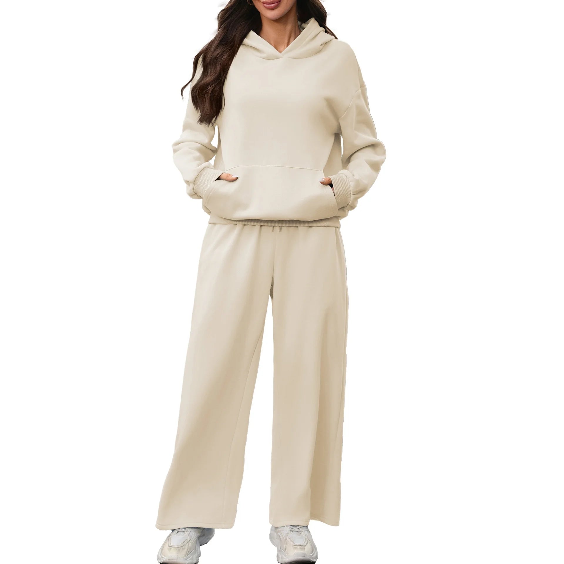 Women's Two-piece Tracksuit Sets Autumn Winter Ladies Casual Thick Hooded Long Sleeve Pullover Hoodie + Wide Leg Sweatpants