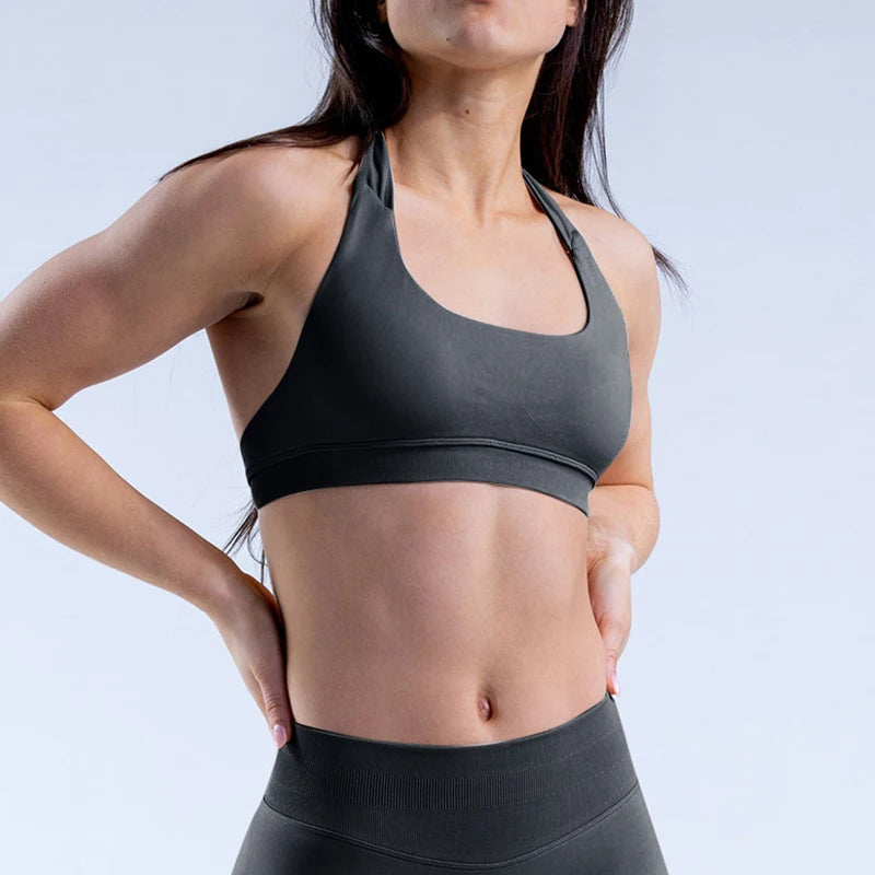 Impact Sports Bra Women Seamless Halter Neck Strap Yoga Bra With Padded Sexy Open Back Yoga Top Bra Medium Support Gym Crop Top - ATFH