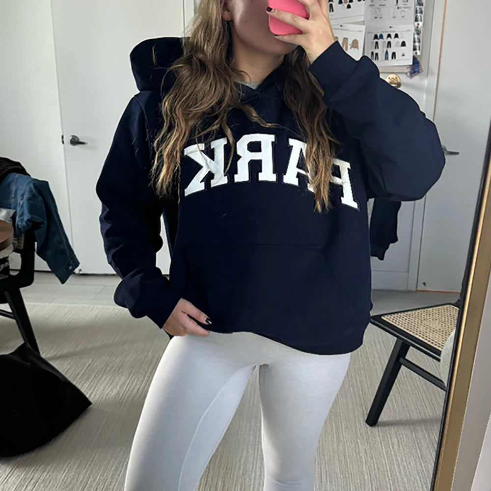 Rowan PK-LM003 Navy Blue Women Long Sleeve Female Hoodies Letter Embroidery Sweatshirts Vintage Casual Sports Lady Top 2026 - ATFH