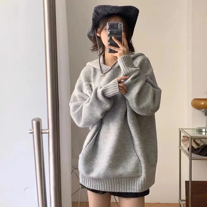Gray Letter Graphic Hoodie Sweater Women Y2K Autumn Loose Korean Warm Knit Sweatshirt Bf Streetwear Oversize All Match Pullover - ATFH